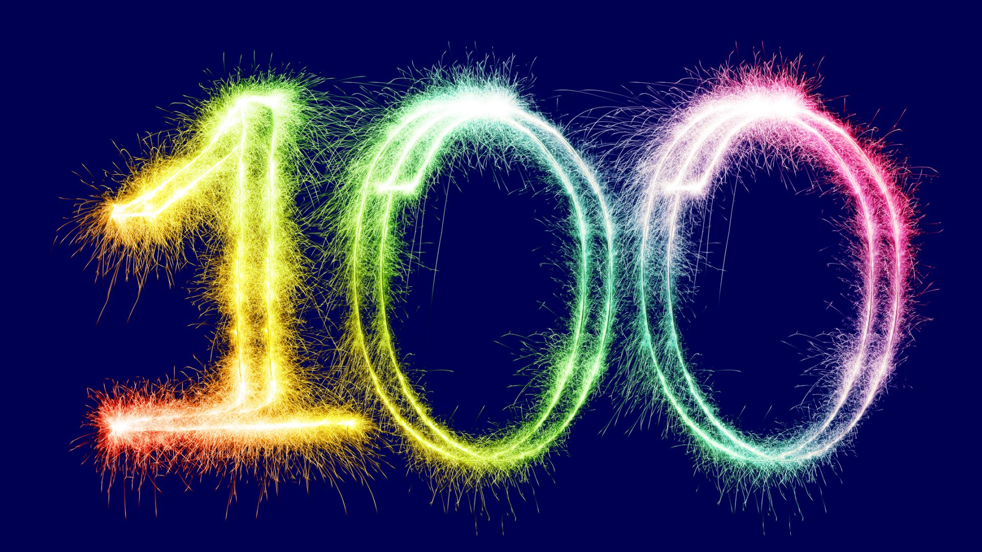 "Sparkling multi colored number 100 on a blue background. Can be used for birthdays, anniversaries."