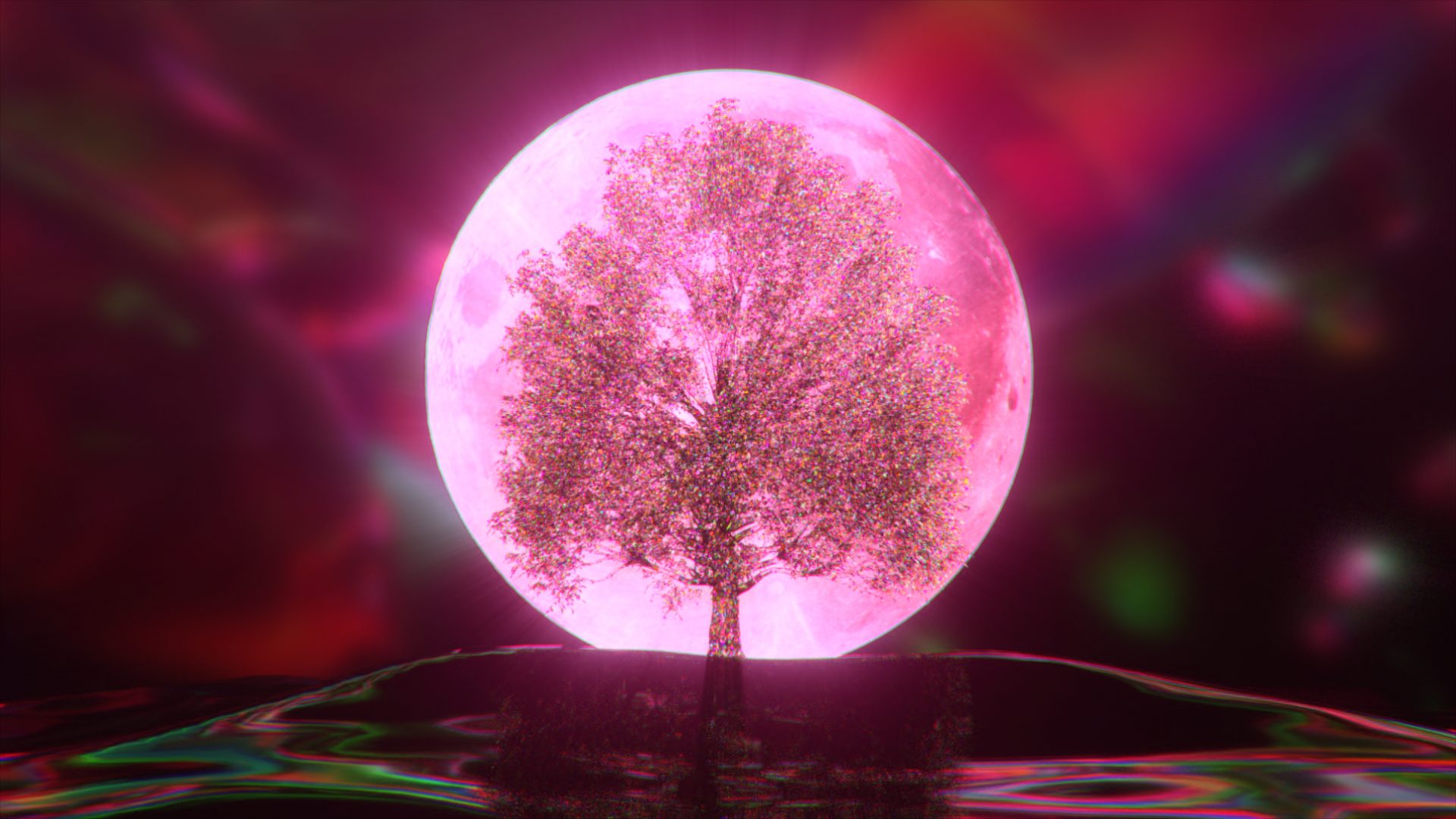 Diamond tree on the background of the moon. Pink neon color. 3d Illustration. High quality 3d illustration
